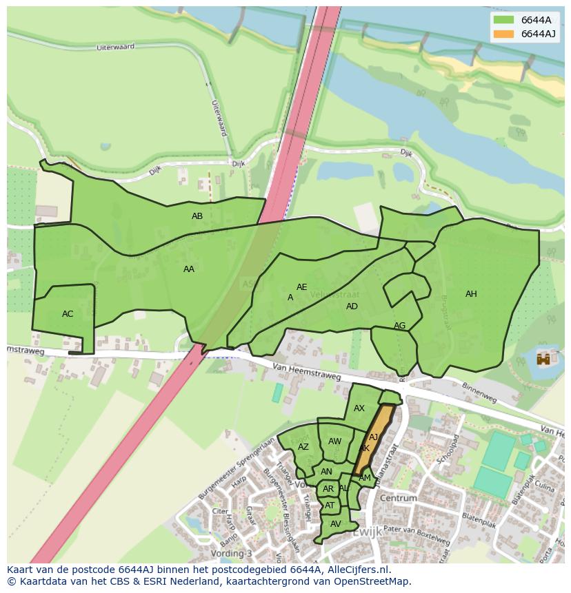 Afbeelding van het postcodegebied 6644 AJ op de kaart.