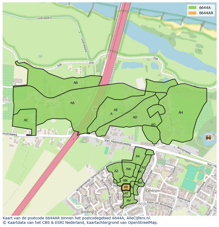 Afbeelding van het postcodegebied 6644 AR op de kaart.