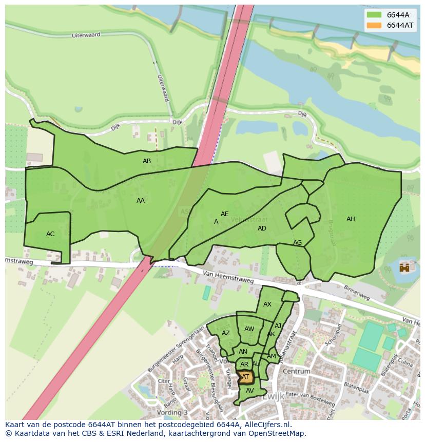 Afbeelding van het postcodegebied 6644 AT op de kaart.