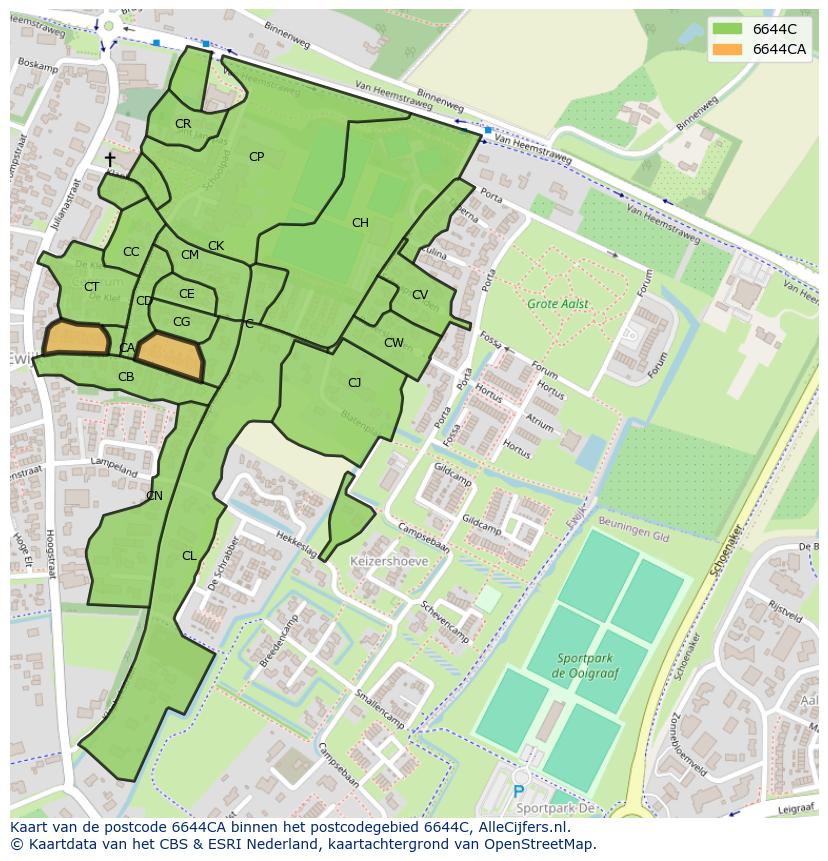 Afbeelding van het postcodegebied 6644 CA op de kaart.