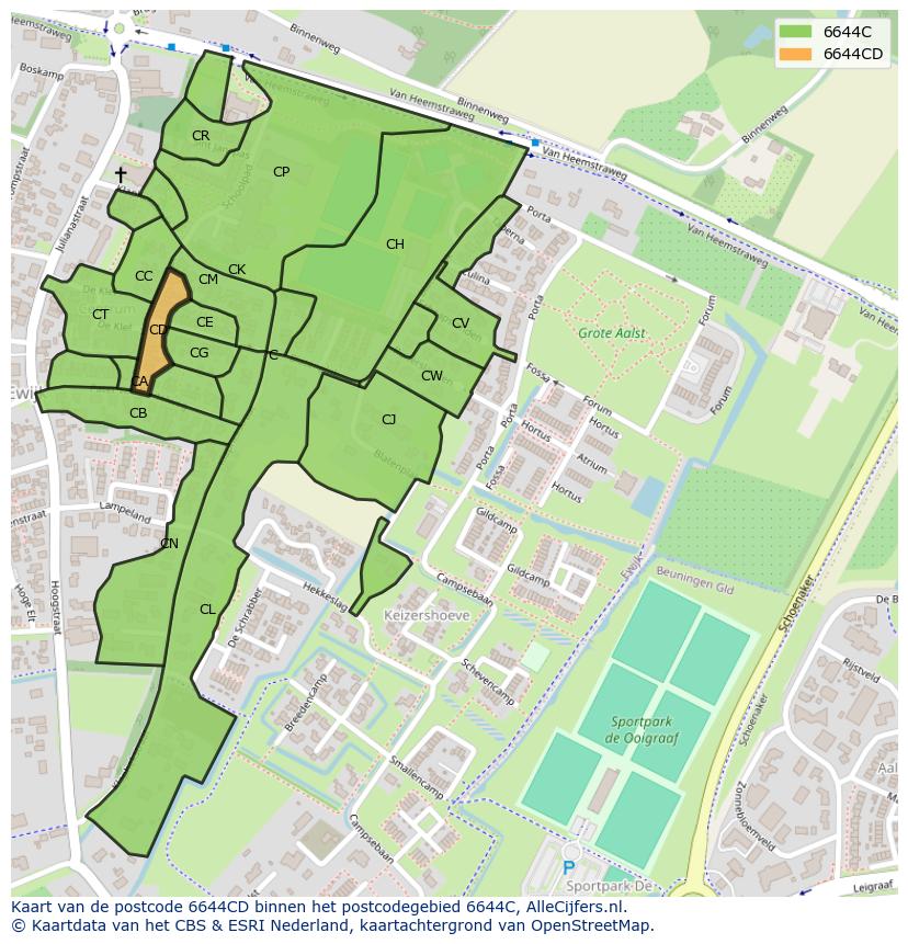 Afbeelding van het postcodegebied 6644 CD op de kaart.