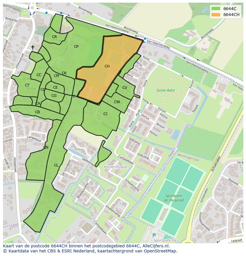 Afbeelding van het postcodegebied 6644 CH op de kaart.