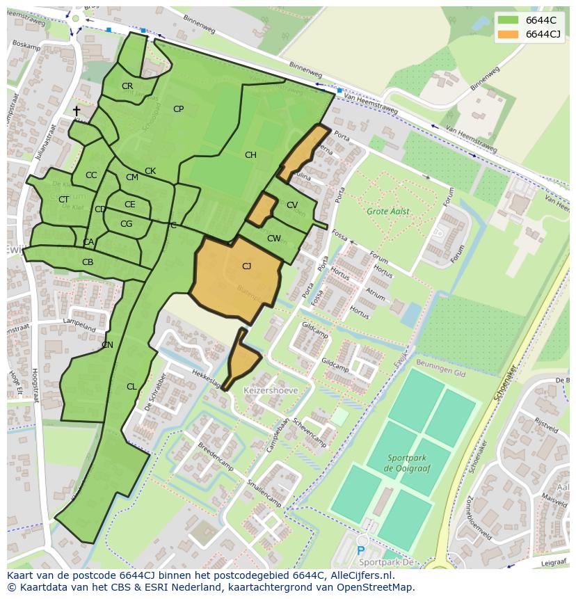 Afbeelding van het postcodegebied 6644 CJ op de kaart.