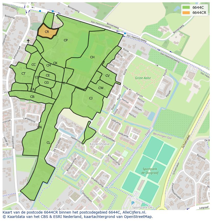 Afbeelding van het postcodegebied 6644 CR op de kaart.
