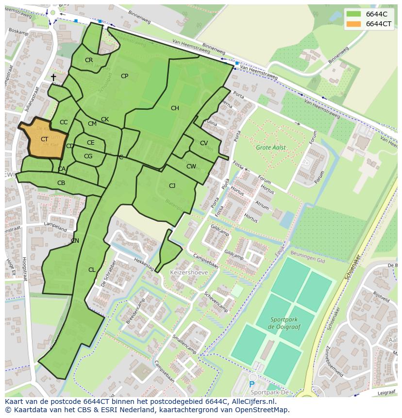 Afbeelding van het postcodegebied 6644 CT op de kaart.