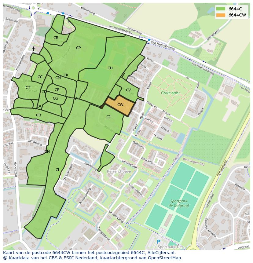 Afbeelding van het postcodegebied 6644 CW op de kaart.