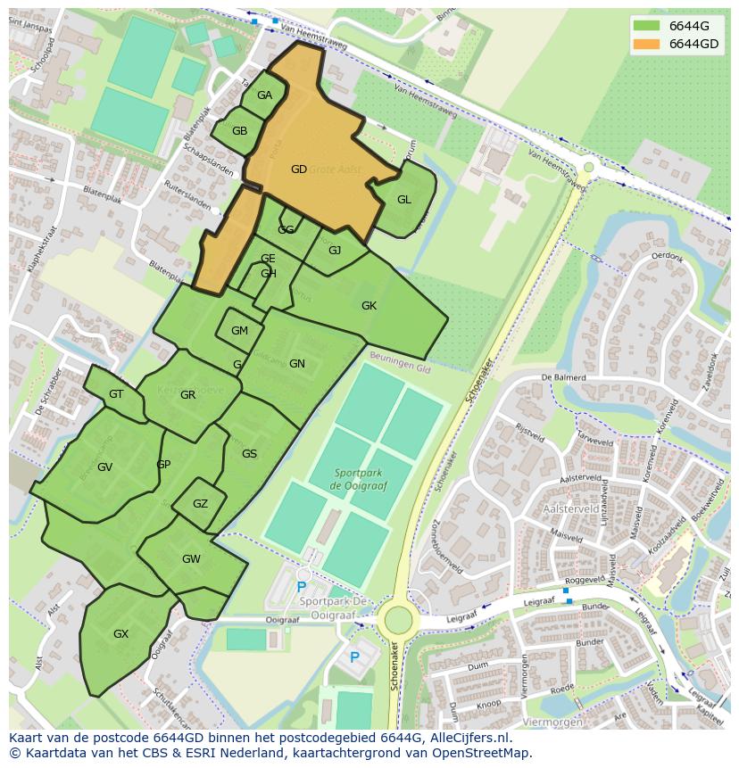 Afbeelding van het postcodegebied 6644 GD op de kaart.