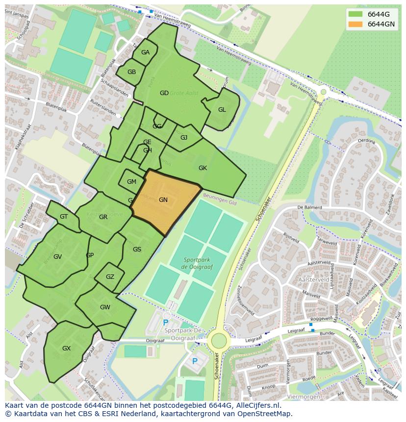 Afbeelding van het postcodegebied 6644 GN op de kaart.