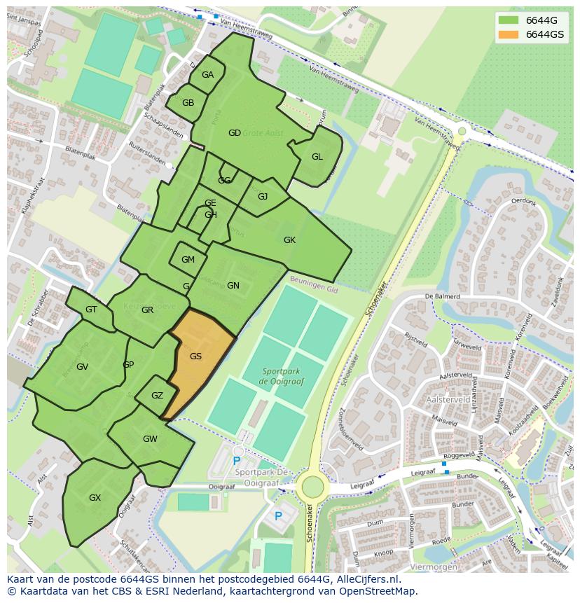 Afbeelding van het postcodegebied 6644 GS op de kaart.