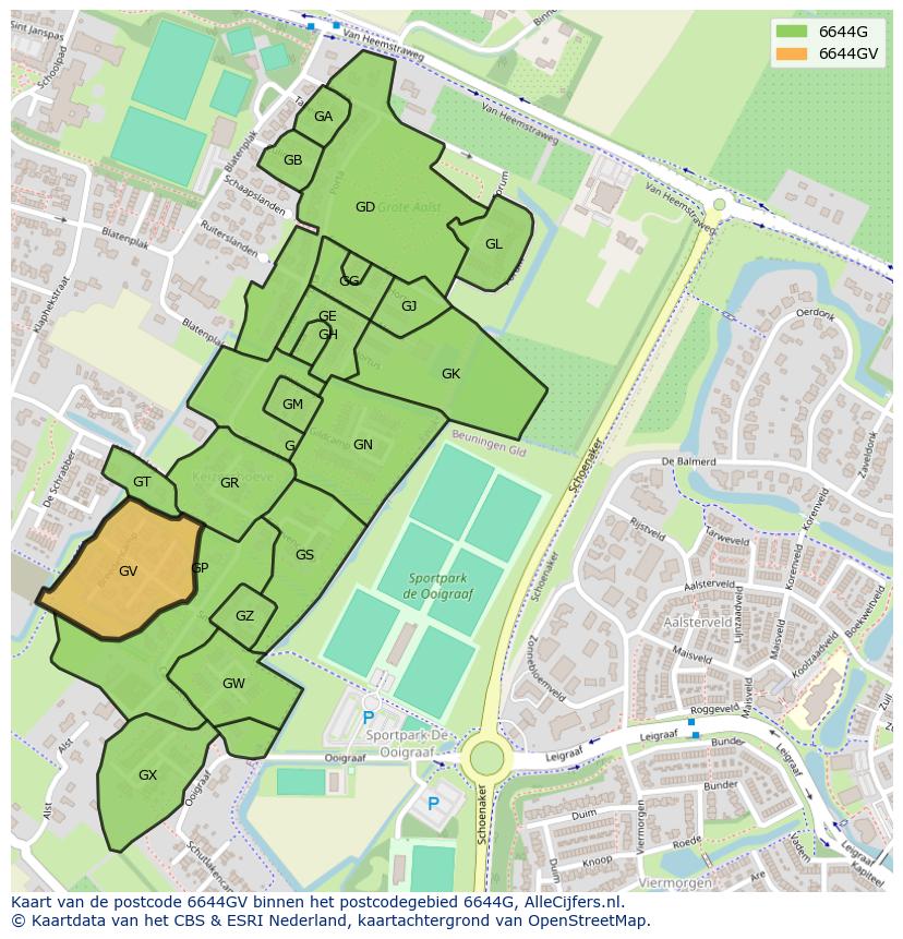 Afbeelding van het postcodegebied 6644 GV op de kaart.