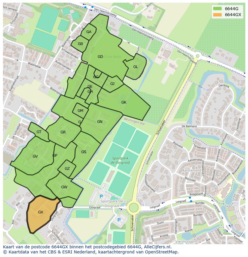 Afbeelding van het postcodegebied 6644 GX op de kaart.