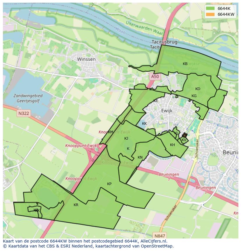 Afbeelding van het postcodegebied 6644 KW op de kaart.