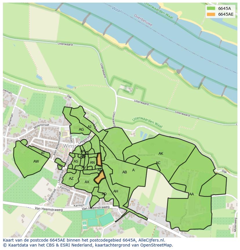 Afbeelding van het postcodegebied 6645 AE op de kaart.