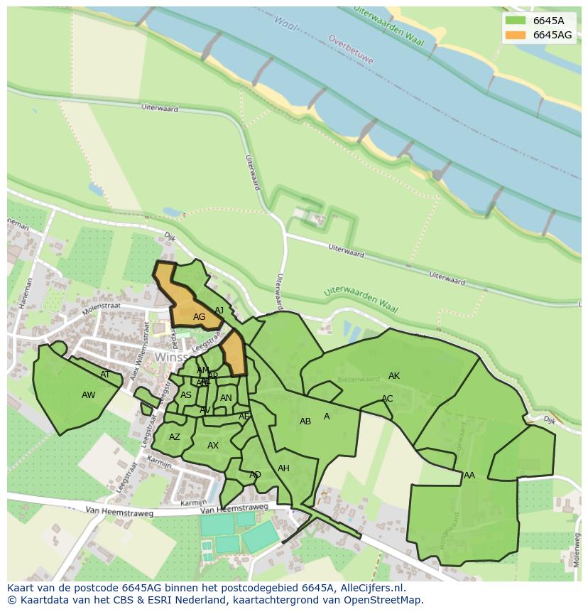 Afbeelding van het postcodegebied 6645 AG op de kaart.