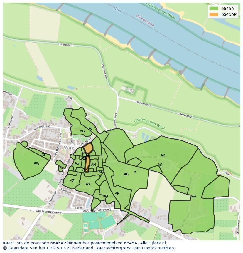 Afbeelding van het postcodegebied 6645 AP op de kaart.