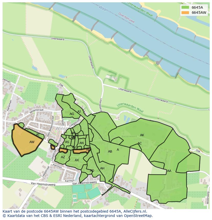 Afbeelding van het postcodegebied 6645 AW op de kaart.