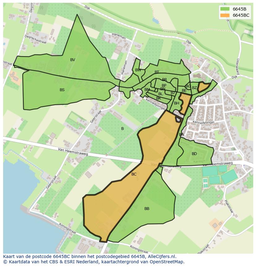 Afbeelding van het postcodegebied 6645 BC op de kaart.
