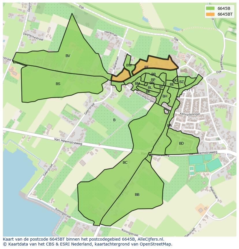 Afbeelding van het postcodegebied 6645 BT op de kaart.