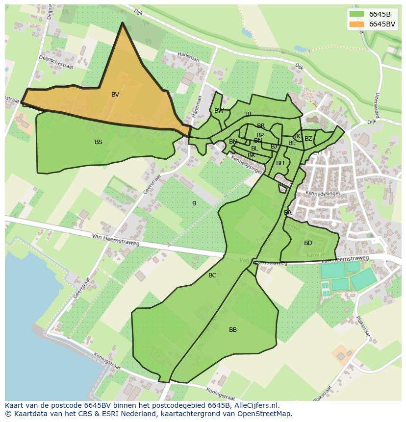 Afbeelding van het postcodegebied 6645 BV op de kaart.