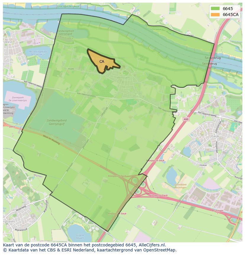 Afbeelding van het postcodegebied 6645 CA op de kaart.