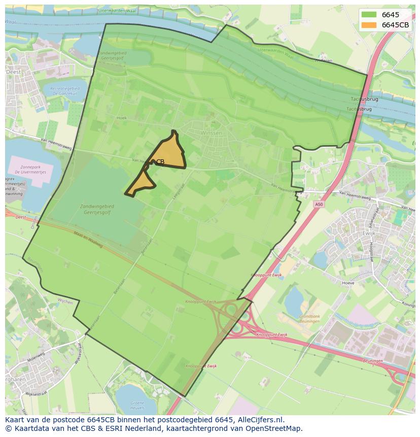 Afbeelding van het postcodegebied 6645 CB op de kaart.