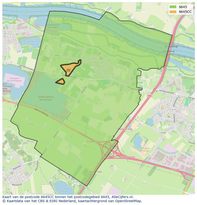 Afbeelding van het postcodegebied 6645 CC op de kaart.