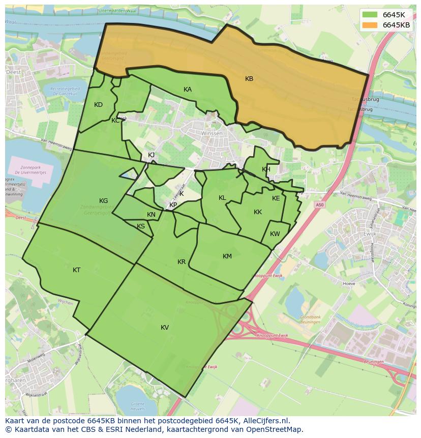 Afbeelding van het postcodegebied 6645 KB op de kaart.