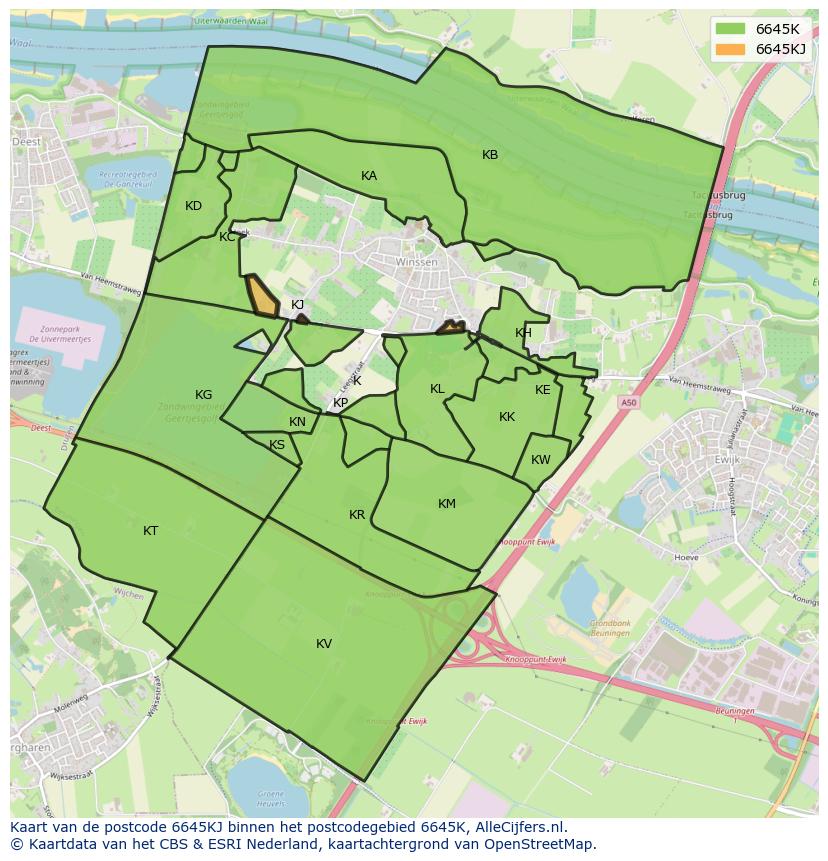 Afbeelding van het postcodegebied 6645 KJ op de kaart.