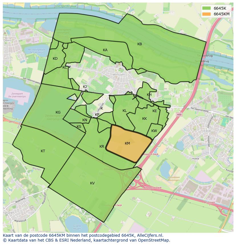Afbeelding van het postcodegebied 6645 KM op de kaart.