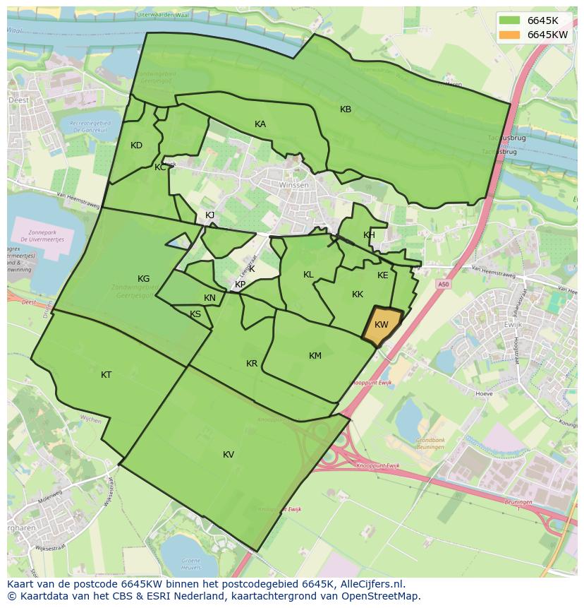 Afbeelding van het postcodegebied 6645 KW op de kaart.