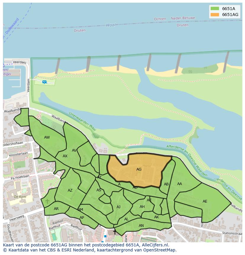 Afbeelding van het postcodegebied 6651 AG op de kaart.