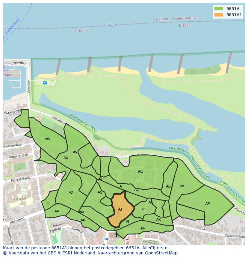 Afbeelding van het postcodegebied 6651 AJ op de kaart.