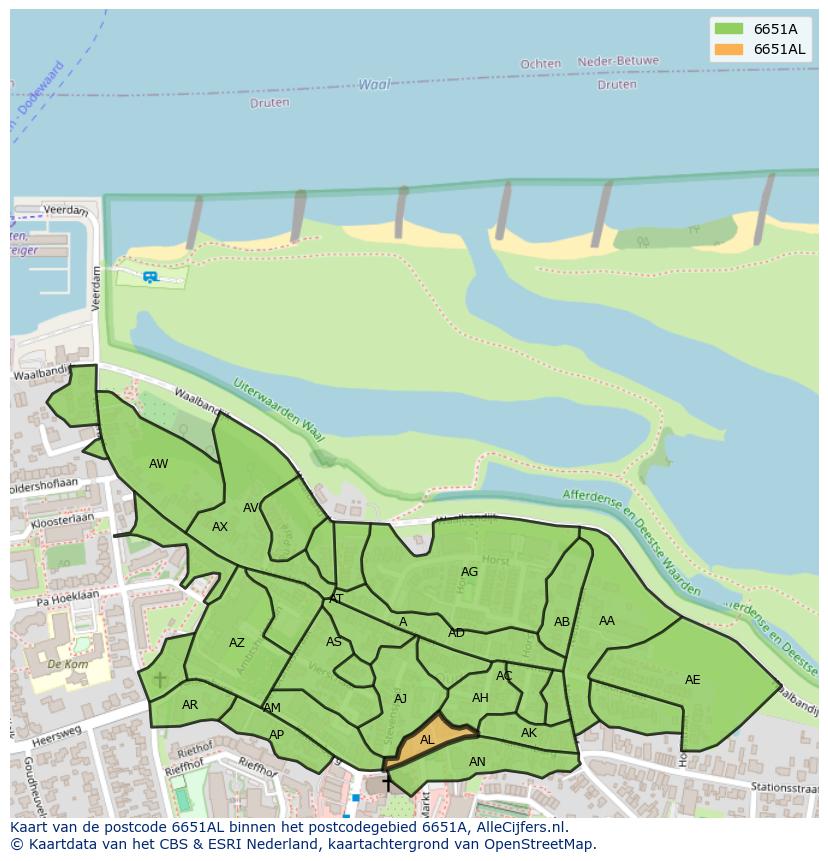 Afbeelding van het postcodegebied 6651 AL op de kaart.