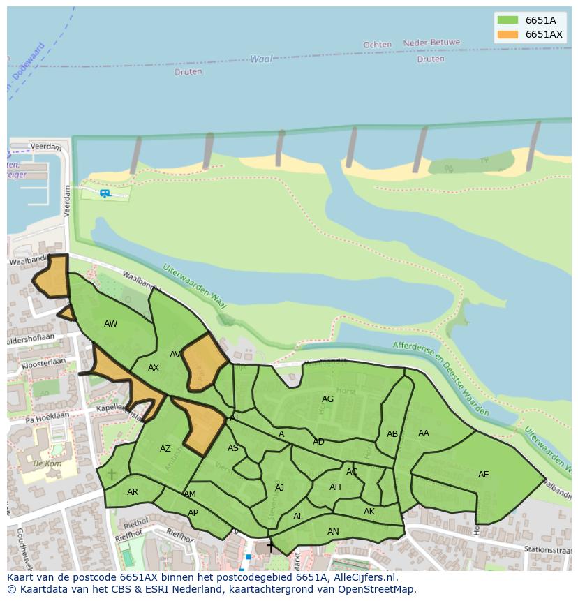 Afbeelding van het postcodegebied 6651 AX op de kaart.