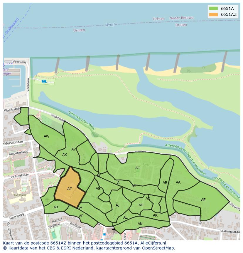 Afbeelding van het postcodegebied 6651 AZ op de kaart.
