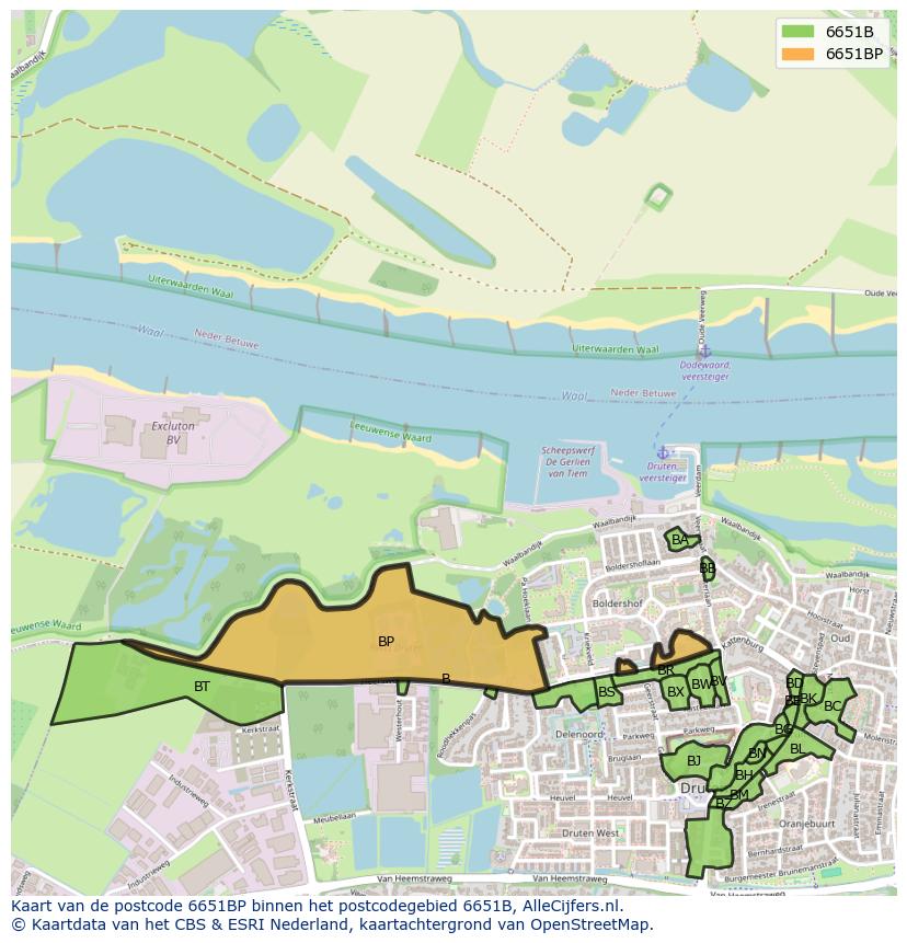 Afbeelding van het postcodegebied 6651 BP op de kaart.