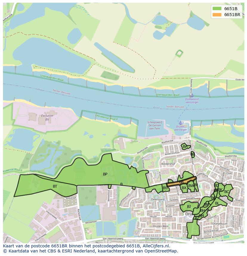 Afbeelding van het postcodegebied 6651 BR op de kaart.