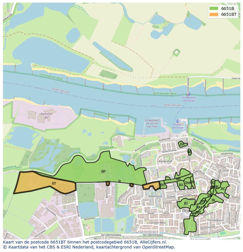 Afbeelding van het postcodegebied 6651 BT op de kaart.