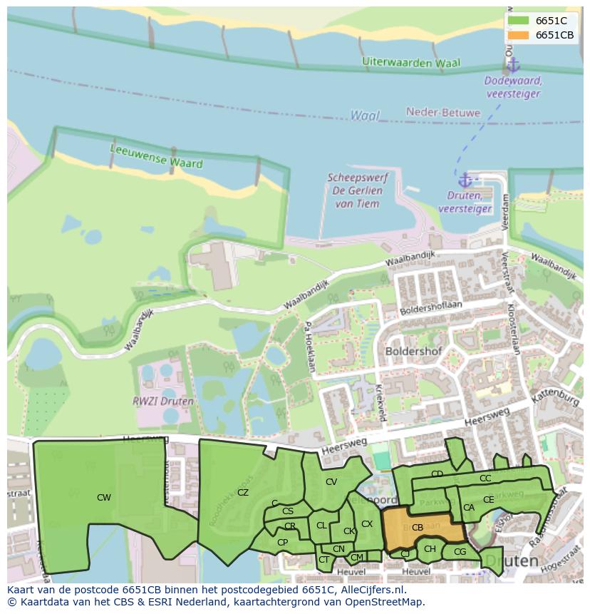 Afbeelding van het postcodegebied 6651 CB op de kaart.