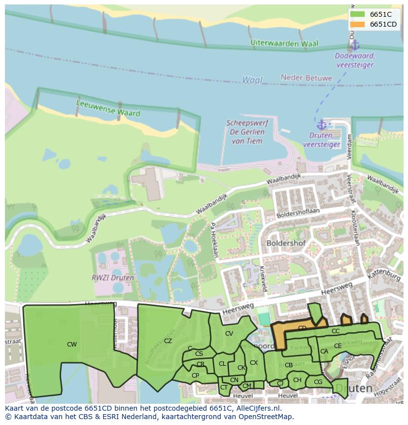 Afbeelding van het postcodegebied 6651 CD op de kaart.