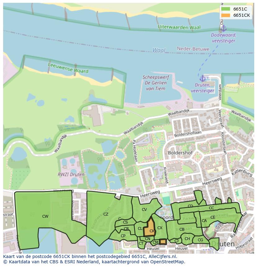 Afbeelding van het postcodegebied 6651 CK op de kaart.