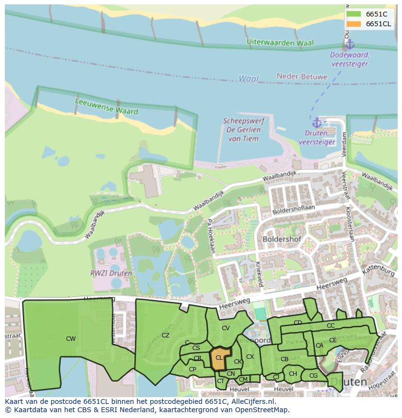Afbeelding van het postcodegebied 6651 CL op de kaart.