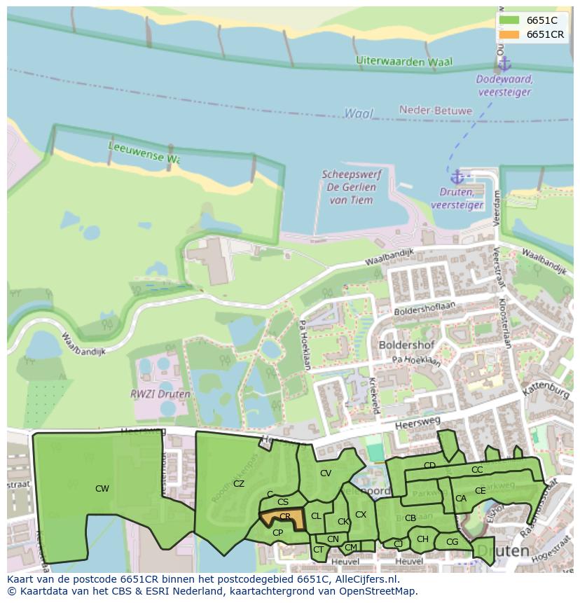 Afbeelding van het postcodegebied 6651 CR op de kaart.