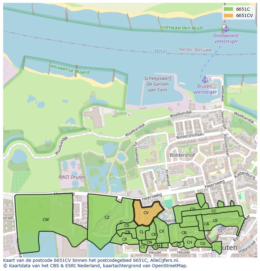 Afbeelding van het postcodegebied 6651 CV op de kaart.
