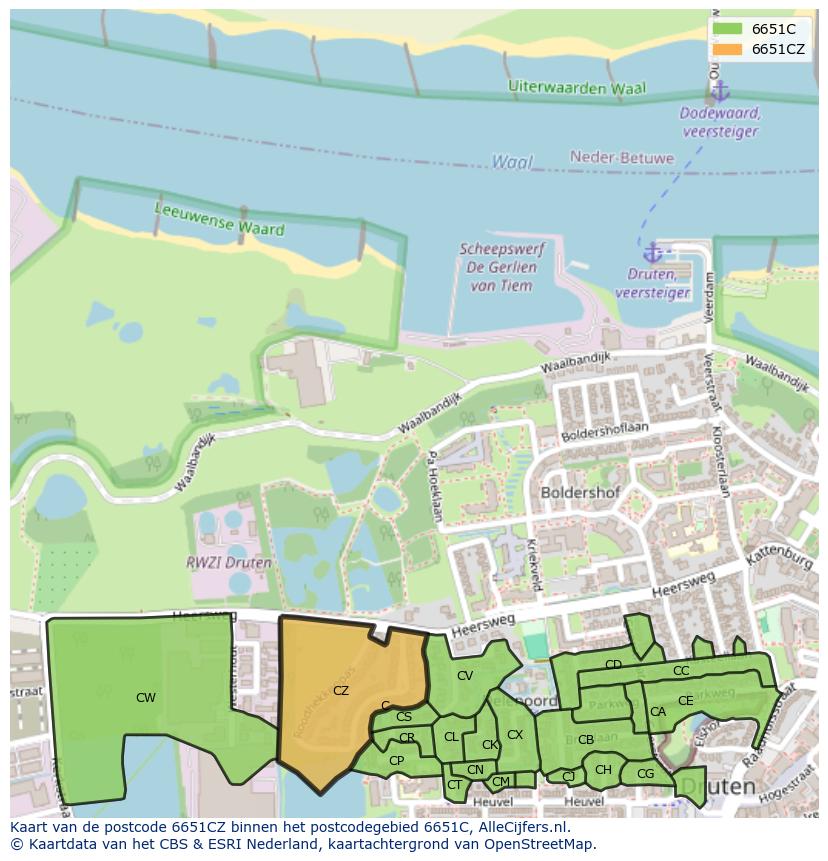 Afbeelding van het postcodegebied 6651 CZ op de kaart.