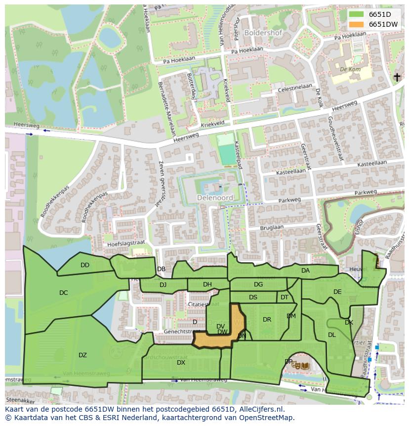 Afbeelding van het postcodegebied 6651 DW op de kaart.