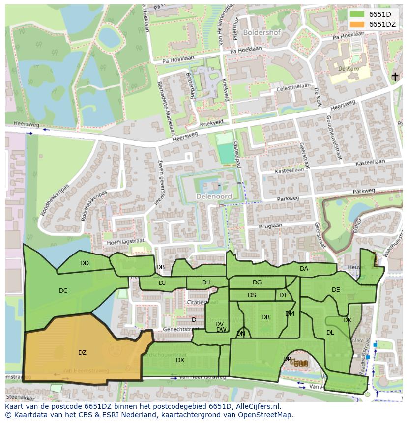 Afbeelding van het postcodegebied 6651 DZ op de kaart.