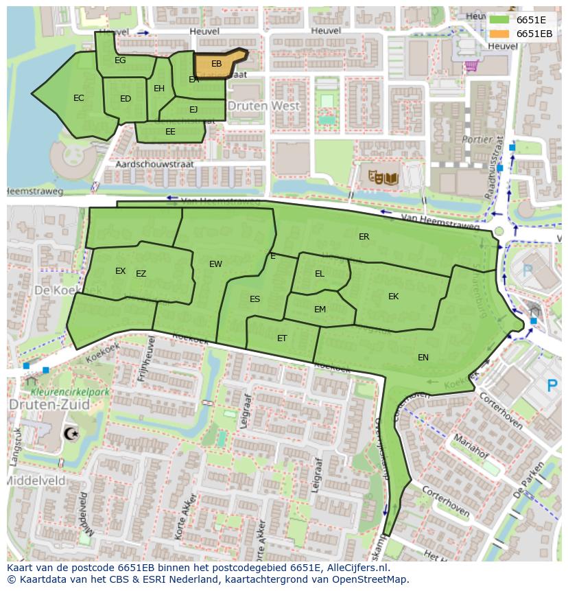 Afbeelding van het postcodegebied 6651 EB op de kaart.