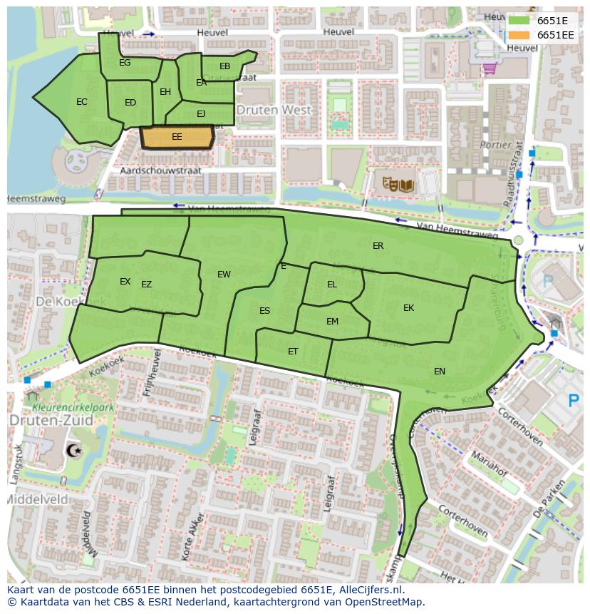 Afbeelding van het postcodegebied 6651 EE op de kaart.