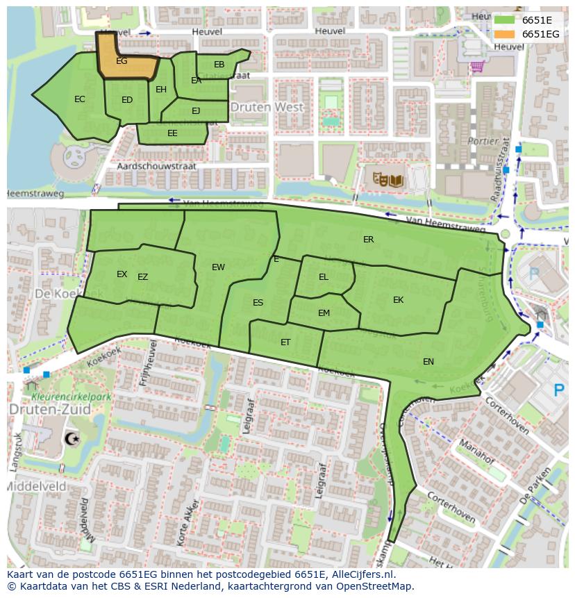 Afbeelding van het postcodegebied 6651 EG op de kaart.